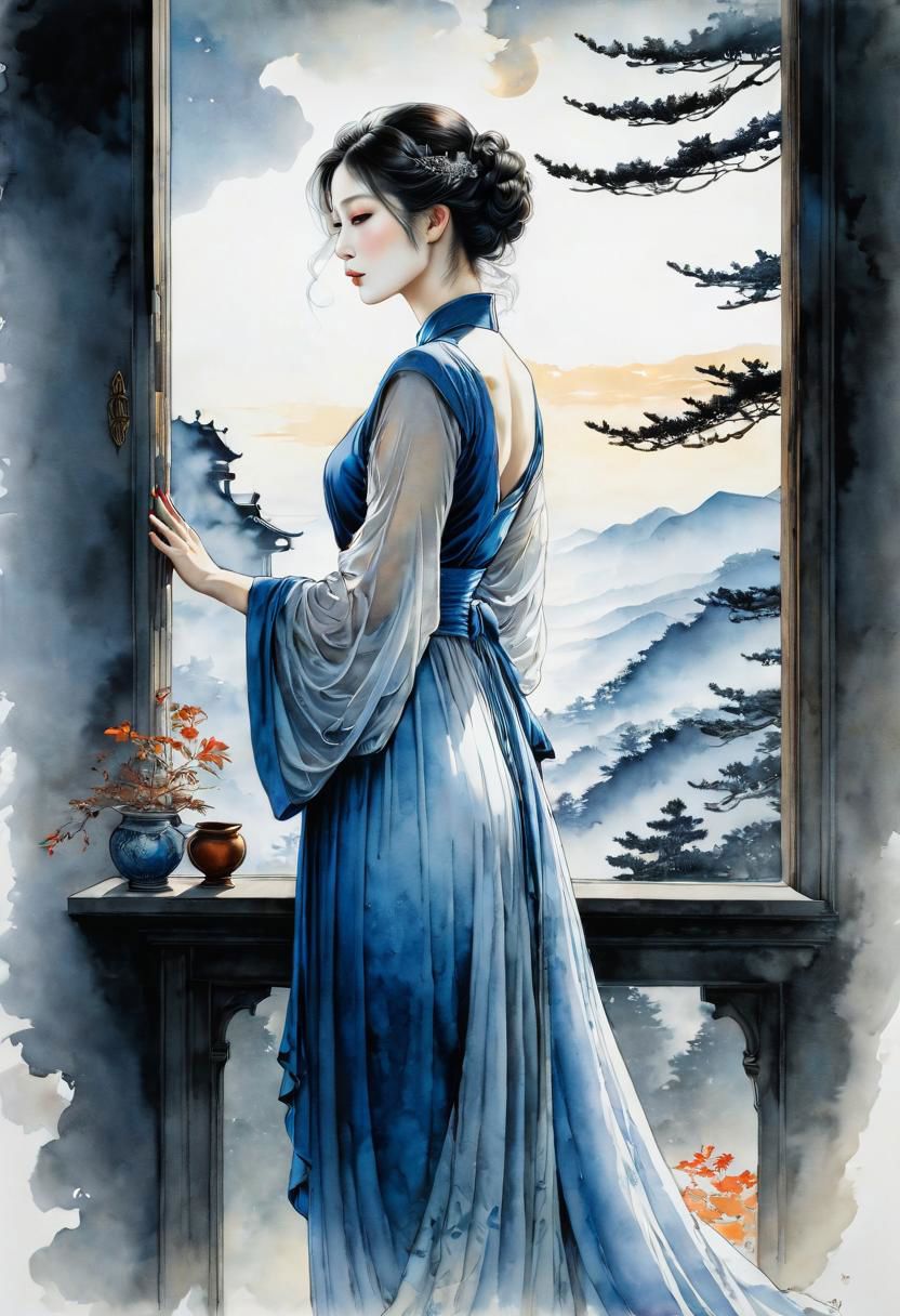 masterpiece, best quality, 8k, HDR, RGB, oil paints, watercolor, ink,
Minimalist ink painting, ghost of a woman at a window, inspired by the approaches of artists such as Takato Yamamoto and Jean-Baptiste Monge, refined contours emphasized by intricate line drawings, with white highlights delicately blending with a harmonious palette of sensual shades, as if encapsulating the figure with hair . rustling in the wind, a clear homage to Tomer Hanukkah's ukiyo-e style, expressive elements that take inspiration from formal art, subtly touching on darker shades.
Bastien Lecouf-Degarme, Carn Griffiths, E. Abramzon, Raphael, Caravaggio,
