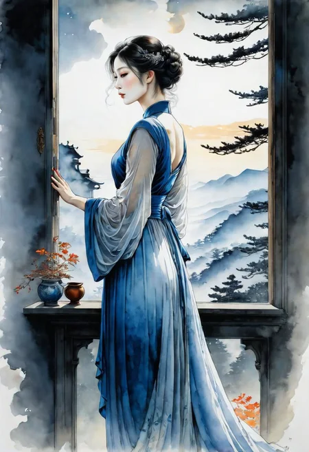 masterpiece, best quality, 8k, HDR, RGB, oil paints, watercolor, ink,
Minimalist ink painting, ghost of a woman at a window, inspired by the approaches of artists such as Takato Yamamoto and Jean-Baptiste Monge, refined contours emphasized by intricate line drawings, with white highlights delicately blending with a harmonious palette of sensual shades, as if encapsulating the figure with hair . rustling in the wind, a clear homage to Tomer Hanukkah's ukiyo-e style, expressive elements that take inspiration from formal art, subtly touching on darker shades.
Bastien Lecouf-Degarme, Carn Griffiths, E. Abramzon, Raphael, Caravaggio,