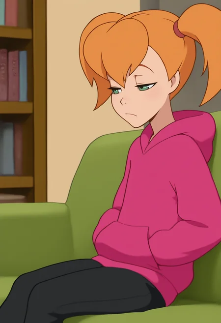 masterpiece, best quality, 1girl, solo, dolly, flat chest, green eyes, orange hair, twintails, pink hoodie, black pants, sitting, couch, hands in pockets, bored, frown, half-closed eyes, tired, from side, indoors, bookshelf, <lora:dolly:0.9>
