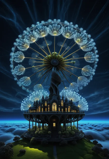 embedding:lazympos, megastructure, fractal, organic, (dandelion:0.6), above clouds, organic, detailed, dark, night, glowing, neon lights, <lora:Challenge_Winnifier_2025-04:0> <lora:Organic_Macabre:1>