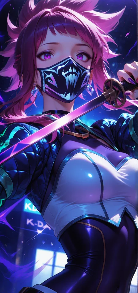 aesthetic background, dynamic,masterpiece, best quality, very aesthetic, ScribbleRay, posing,  dynamic pose, cross_draw, katana, sword_draw, iaido, one_hand_on_sheath, unsheathing, from the epic movie Ghost in Armor,,  k/da akali, mask,  8K, depth of field, focused subject, portrait, dynamic angle, action shot, freckles, detailed face, medium breasts, looking at viewer , big hair, glowing purple eyes, floating hair , nail polish, cyber fashion, 748cmstyle,
<lora:noobai_vpred_1_ultraviolet_raver_v1:1>  <lora:748cmSDXL:0.6>  <lora:NOOB_vp1_detailer_by_volnovik_v1:1> <lora:noobai_vpred_1_aqm_complete_v3:1> <lora:ponyv6_noobV1_2_adamW:0.5> <lora:granblue-noob:0.6>