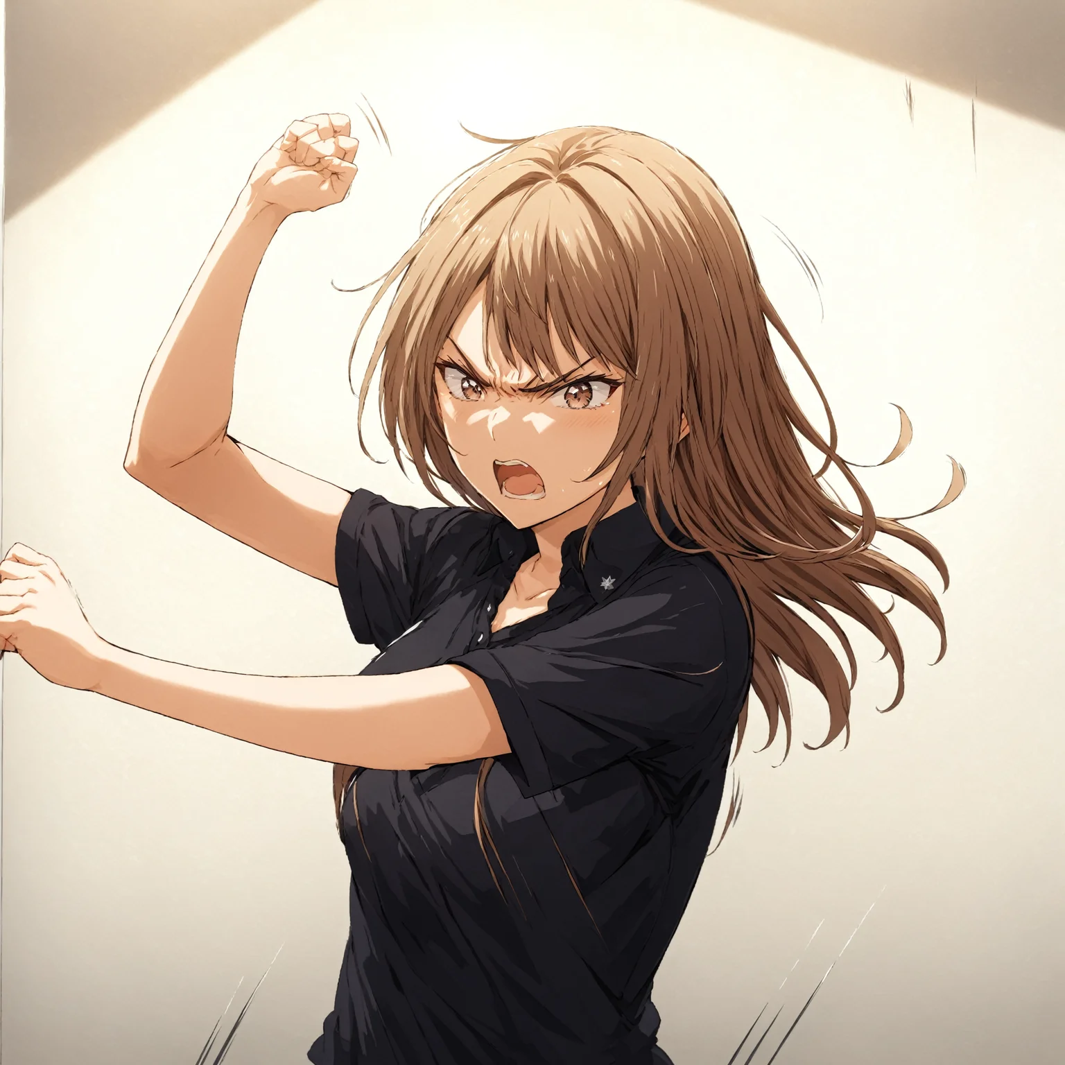 masterpiece, best quality,
1girl,solo,
<lora:gostlapped.sdxl.v1_r1:0.8> (imminentslap), arm up,
(motion blur), motion lines, angry,
<lora:kindred_spirits_sdxl-000005:1> kd_vnstyle