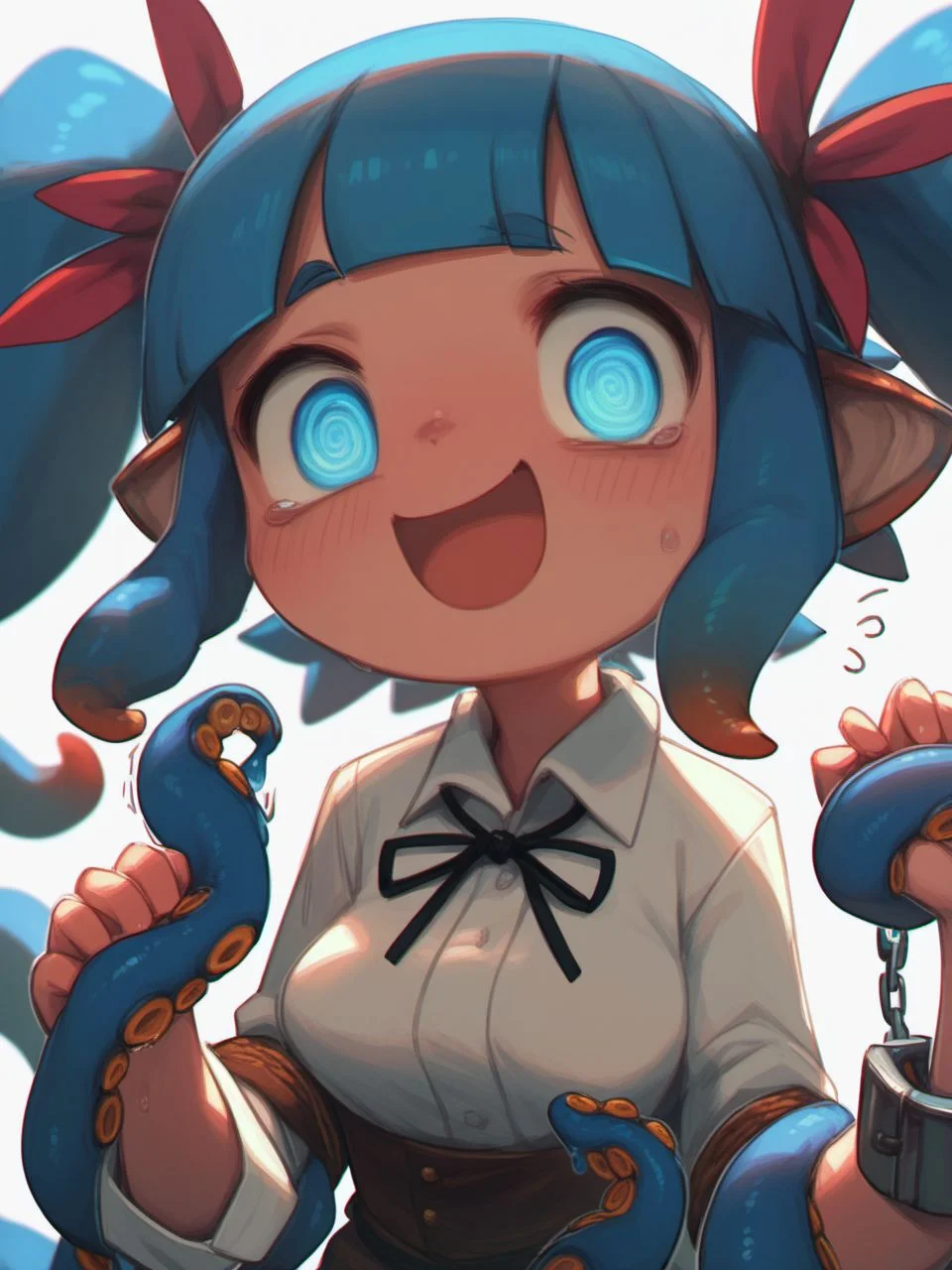 score_9, score_8_up, score_7_up,score_6_up, masterpiece, por4ever, 
1girl, solo, long hair, breasts, looking at viewer, smile, open mouth, bangs, blue eyes, simple background, shirt, long sleeves, white background, twintails, blue hair, white shirt, upper body, :d, collared shirt, blunt bangs, monster girl, tentacles, cuffs, @_@, tentacle hair, triangle mouth, ringed eyes, handcuffs, suction cups,
<lora:porforever_style_pony_v1-000006:0.9>,
