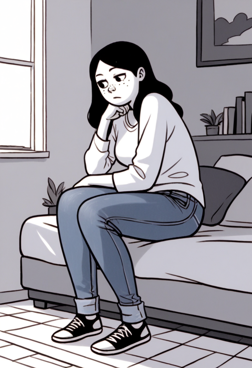 score_9, score_8_up, score_7_up, score_6_up, score_5_up, 1girl, solo, full body,
(source_cartoon),
<lora:Anya Borzakovskaya (Anya's Ghost):1>
Anya_B, pale skin, white skin, freckles, blush stickers, black hair, long hair, dark eyes,
jeans, denim,
(monochrome),
detailed background, indoors,
<lora:Expressive_H:0.7> Expressiveh,
<lora:add-detail-xl:0.9>