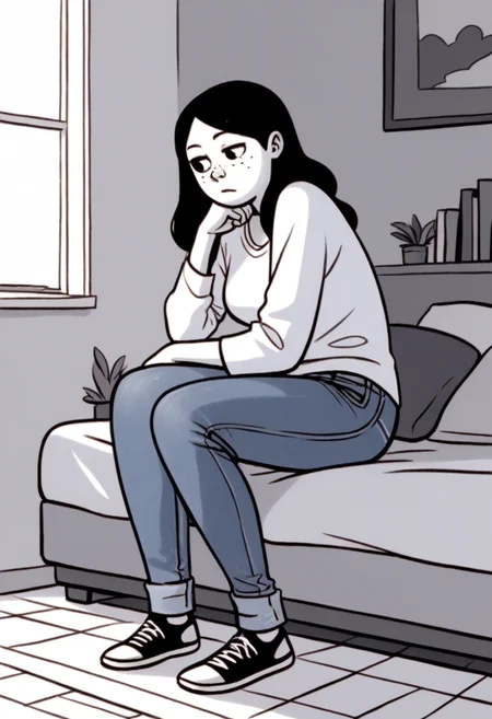 score_9, score_8_up, score_7_up, score_6_up, score_5_up, 1girl, solo, full body,
(source_cartoon),
<lora:Anya Borzakovskaya (Anya's Ghost):1>
Anya_B, pale skin, white skin, freckles, blush stickers, black hair, long hair, dark eyes,
jeans, denim,
(monochrome),
detailed background, indoors,
<lora:Expressive_H:0.7> Expressiveh,
<lora:add-detail-xl:0.9>