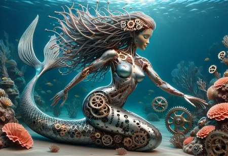 g3ars, mermaid made out of gears, metallic body, filament hair, underwater, swimming, coral made out gears, masterpiece,best quality,raw photo,realistic,very aesthetic <lora:Gears_World_Morph:1>
