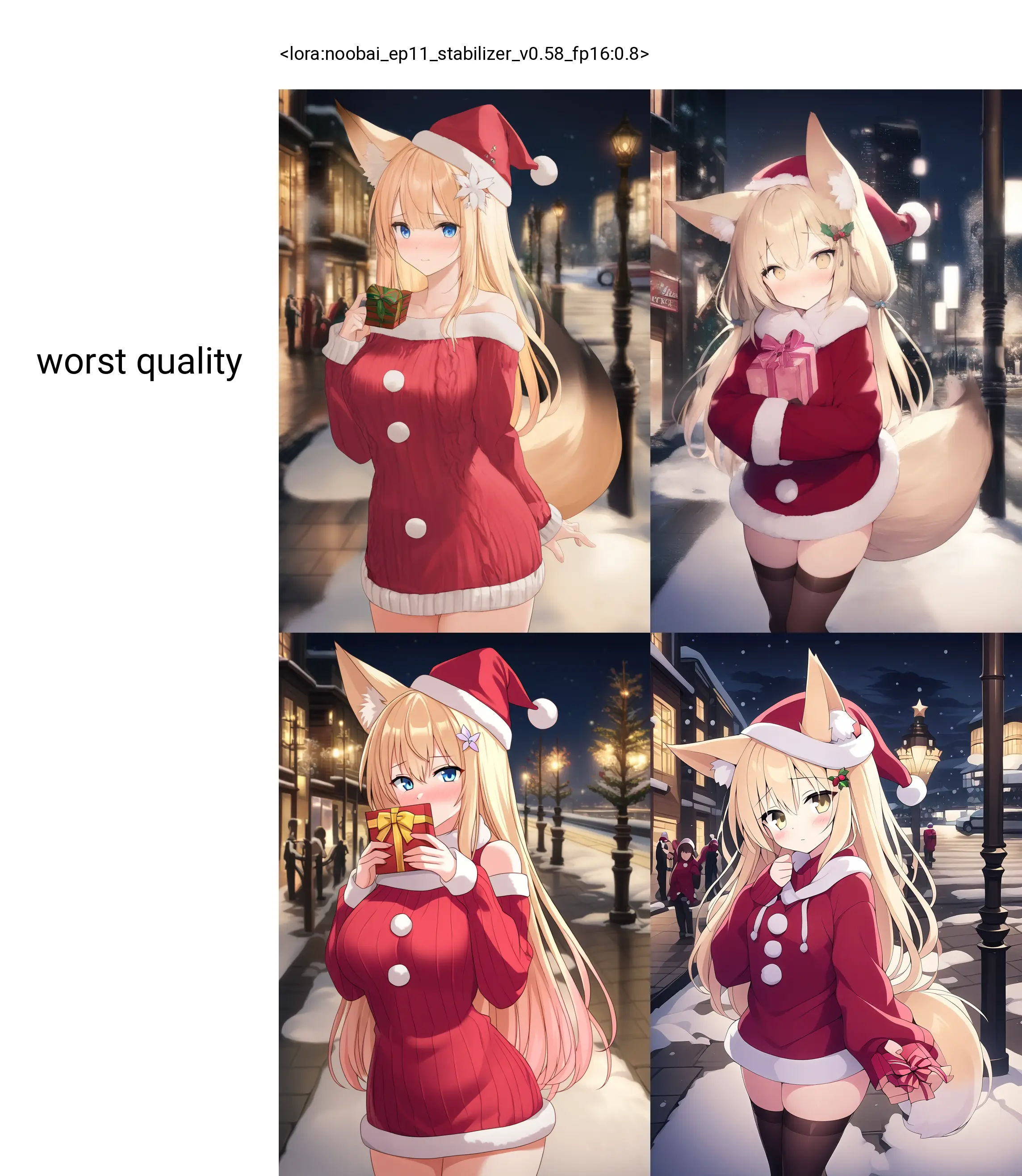 <lora:noobai_ep11_stabilizer_v0.58_fp16:0.8>1girl,fox ears,blonde hair,hair ornament,santa hat,santa costume,red sweater,blush,gift box,christmas,night,street,snow,masterpiece,