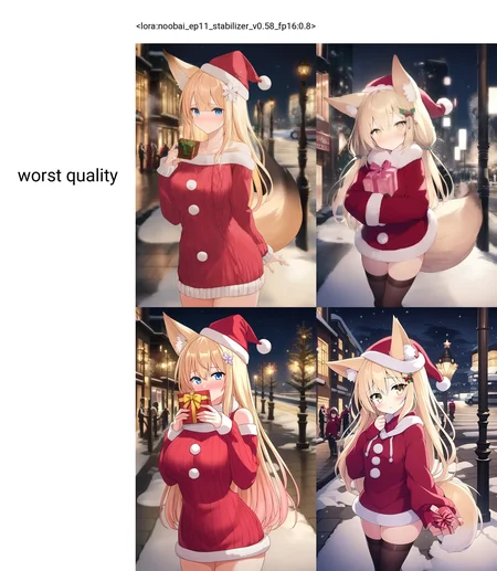 <lora:noobai_ep11_stabilizer_v0.58_fp16:0.8>1girl,fox ears,blonde hair,hair ornament,santa hat,santa costume,red sweater,blush,gift box,christmas,night,street,snow,masterpiece,
