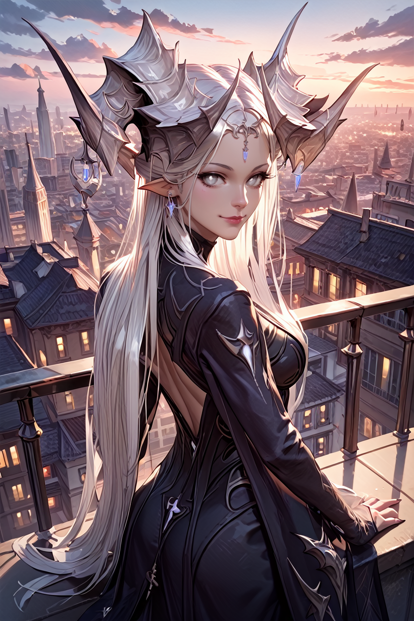 score_9, score_8_up, score_7_up
<lora:LABrelshaza:1.0>
LABrelshaza, 1girl, white hair, white eyes, demon horns, long hair, looking at viewer, confident smile, leaning against railing, looking back, rooftop terrace, city lights, nighttime