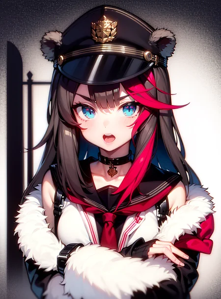 1girl, animal ears, solo, hat, blue eyes, fur trim, bear ears, looking at viewer, long hair, multicolored hair, brown hair, sailor collar, crossed arms, upper body, streaked hair, red hair, bangs, open mouth, jacket, choker, long sleeves, v-shaped eyebrows, black choker, black sailor collar, peaked cap, fur-trimmed jacket, open clothes, neckerchief, black headwear, red neckerchief, character name, shirt, collarbone, black jacket, school uniform