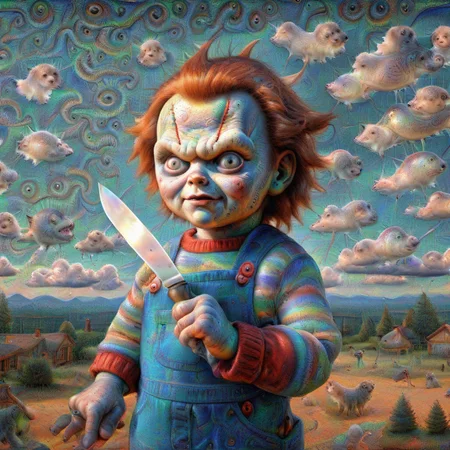 <lora:DeepDream2:1> chucky,  holding knife, clouds blue sky (((DeepDream2)))