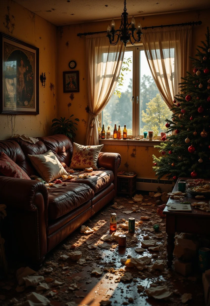 christmas living room, messy, garbage, trash, low light, stink, beer cans, dirt, mud, beer bottles, wasteland, desolate, gross, disgusting