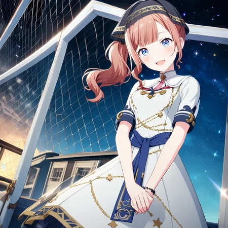 1girl, mochizuki honami, project sekai, masterpiece, very aesthetic, absurdres, official art,
tenderness sister, brown hair, long hair, side low ponytail, blue eyes, (blunt bangs:1.2),
(looking at viewer:1.2), :D, own hands together, BREAK
(navy veil:1.2), white bow, white dress, star print, short sleeves, star (symbol), breasts
beautiful starry sky, top of the school building, (mesh fence:1.2),
<lora:sdxl-leo-TendernessSister02:0.9:lbw=0,0,0.2,0.2,0,0.4,0.4,0,0.8,0.8,0,0,0,0.8,0.8,0.6,0.8,0.0,0.0,0.0,0,0,0,0,0,0>