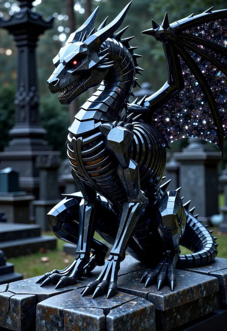 a crystalline dragon skeleton made of cut black onyx and obsidian with subsurface scattering and subtle light transmission, with a small head, monstrous and colossal, stoically guarding an ancient cemetery of monumental gravestones and mausoleums in the dead of night, jagged and empty skeletal ribcage and spine and skull, skeletal wings spread