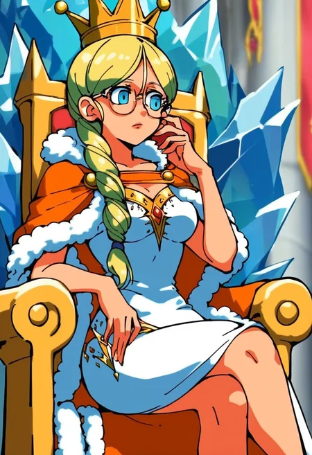 score_9, score_8_up, score_7_up, source_anime,
1girl, solo, queen_frysabel, fur trim, dress, glasses, jewelry, cape, crown, <lora:queen_frysabel:1>, sitting on throne, ice castle