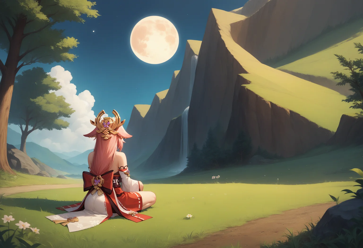 score_9, score_8_up,score_7_up, source_anime,
BREAK forest, grass,
BREAK yae miko, from behind, sitting, full body, kneeling,
BREAK moon, full moon,
BREAK hill,