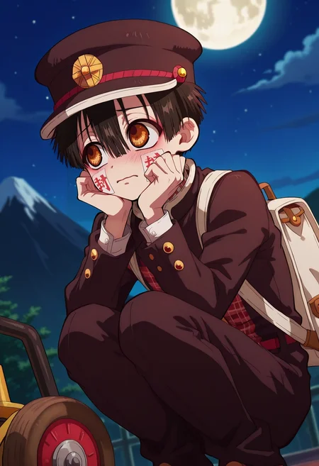 masterpiece, best quality, , , , 1boy, solo, male focus, <lora:hanako-kun_ilxl:0.96>, hanako-kun, black hair, brown eyes, short hair, hair between eyes, bangs, hat, black headwear, gakuran, , focused, fuji mountain, night, full moon, squatting, shy, blush, Jumpsuit, Plaid Turquoise Dress vest, , Top hat, and andTrolley Bag (with wheels)