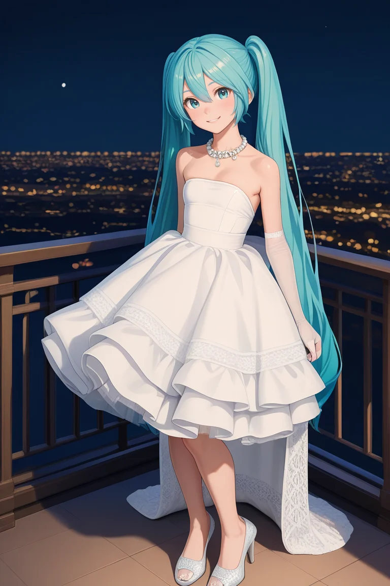 1girl, <lora:white_high_low_dressV1_Illustrious:1.0> ,white high-low dress,lace train,ruffled skirt,bare shoulders,strapless,pearl necklace,jewelry,white lace elbow gloves,white footwear,outdoors, high heels, masterpiece, best quality, amazing quality, newest,smile,balcony, moonlight, night breeze,hatsune miku,
