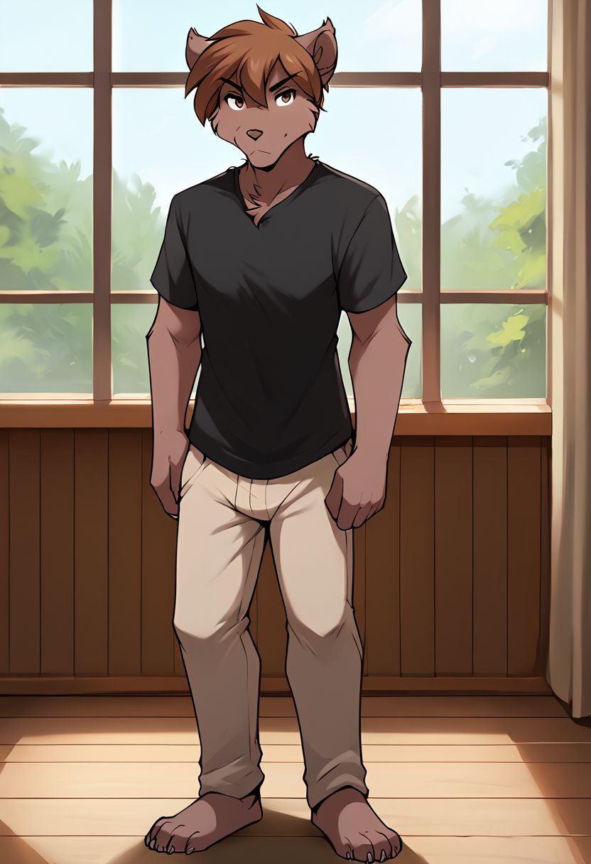 score_9, score_8_up, score_7_up, score_6_up, score_5_up, score_4_up, rating_explicit, source_furry, tknanie, brown fur, brown hair, mammal, brown eyes, anthro, 1boy, male, solo, solo focus, full body, standing on two legs, black T-shirt, beige trousers, a serious expression on his face, gloomy, in the house, serious pose, short hair
