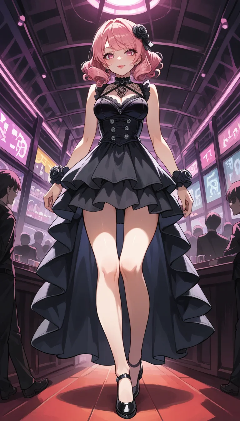 score_9, score_8_up, score_7_up, Anime Style, Full Body Shot, girl, cute, seductive, innocent, light smile:0.3, plump lips, slender body, hard rock idol, curly pink hair, perfect eyes, in high detailed black gothic-suit, ultra-detailed gothic-dress, sleeveless top, short wide skirt, inside a nightclub, depth of field, dynamic angle, fashion photography, sharp, hyperdetailed:1.15