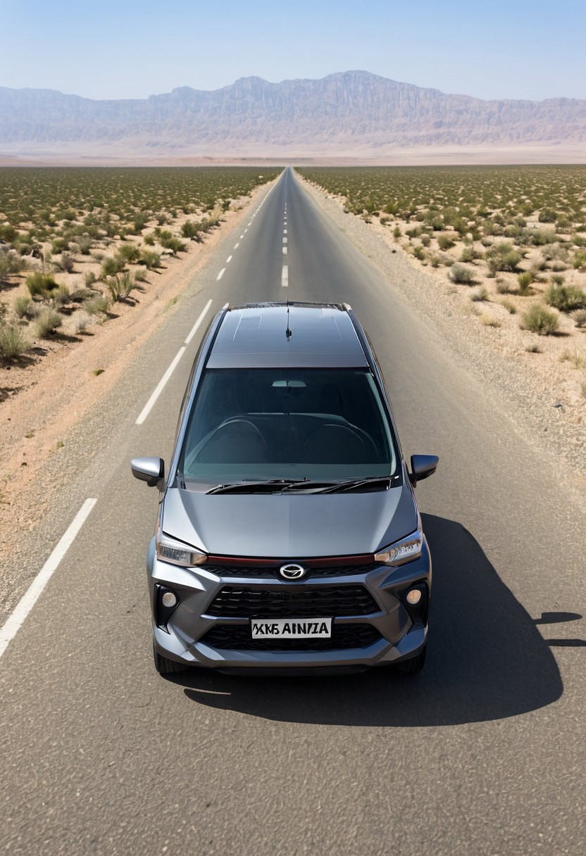 high resolution, best quality, Car, Daihatsu Xenia, Desert road, cactus, endless horizon,