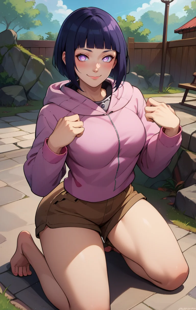 score_9, score_8_up, score_7_up, score_9, BREAK <lora:hinataSDXL:1> hinataSDXL, 1girl, solo, breasts, looking at viewer, blush, smile, short hair, bangs, black hair, long sleeves, closed mouth, purple eyes, thighs, outdoors, shorts, hood, blunt bangs, twitter username, short shorts, kneeling, hoodie, toes, hood down, brown shorts, pink hoodie, hyuuga hinata, cowboy shot