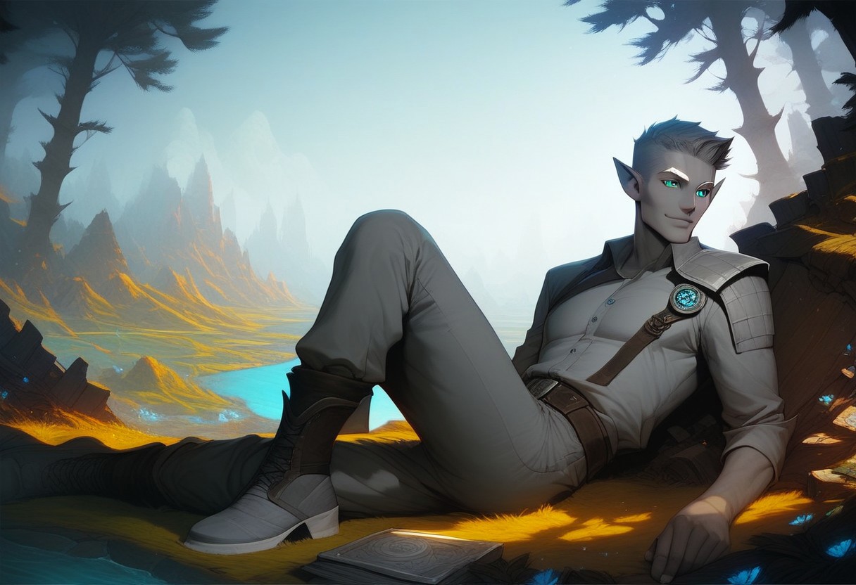 (score_9, score_8_up:1.1), score_7_up, score_9, score_8_up, score_8, score_7_up, dynamic angle, ((full body)), masculine, relaxing, leaning on riverbank, 1boy, solo, sexy, athletic, vox machina style, solo, warlock, fantasy, forest background, (dynamic lighting:1.1) ((masterpiece)), detailed eyes, (((detailed iris))), pupils, perfecteyes, perfect eyes, best quality, ((masterpiece)), sharp cheekbones, gaunt face, defined cheekbones, 28 years old, (adult, mature), hard face, slight smile, ((thin lips)), (half_elf:0.5), dark elf, (((grey skin))), white hair, (((short hair))), professional, (legion haircut), (short cut sides), (short bangs), (((white eyebrows))), light eyebrows, ((((pale grey ((((short)))) tipped ears)))), pointed_ears:0.5, ((short pointed ears)), eyebrow scar on left side of face, cheek scar, ((detailed turquoise eyes))