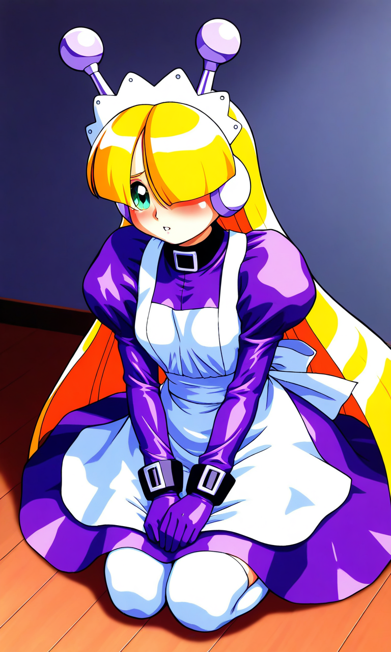 general,highres, ultra-detailed,very aesthetic,best quality ,best hands, BREAK <lora:Tesse_Lombrozo_WakuWaku7_Ver2.1_IS:1>
Tesse_Lombrozo, 1girl, solo, very long hair, blonde hair, bangs, robot ears, maid headdress, small breasts, 
green eye, hair over one eye, 
maid, purple dress, long sleeves, puffy sleeves, white apron, maid apron, juliet sleeves, white thighhighs, purple gloves,  
sitting, v arms, parted lips, embarrassed,seiza,
room, flooring,
