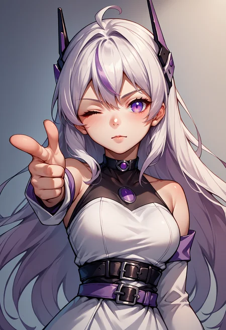 score_9, score_8_up, score_7_up, source_anime, 1girl, finger gun, pointing at viewer, <lora:Fingergun_XLPD:1>, upper body, <lora:MeinaXL:1> Meina, purple eyes, headgear, bare shoulders, black choker, detached sleeves, white dress, belt, short dress, white hair, one eye closed,