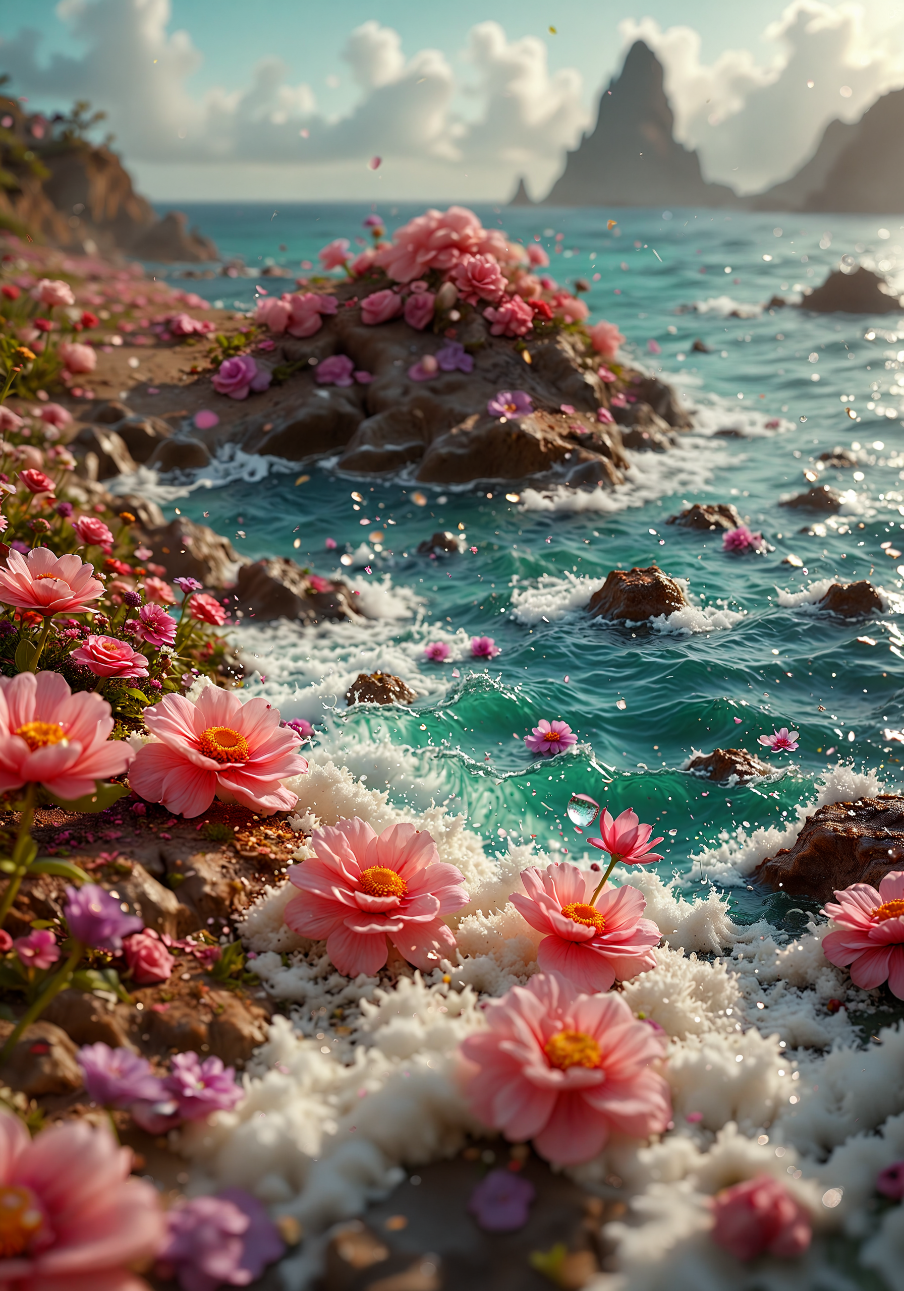 flux-style, detailemaximizer, max details,Photo,realistic,product photo
Surreal landscape with floating islands and giant flowers, bizarrely shaped flowers, unreal sky colors, sea of clouds below, dreamlike atmosphere, vibrant colors, detailed, hyperrealistic, 8k