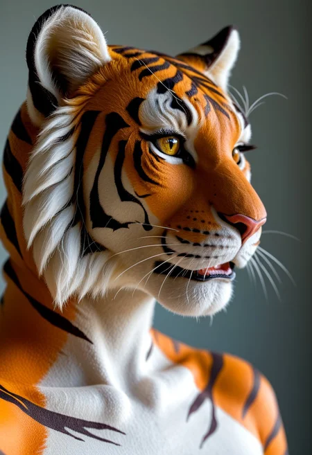 anthro tiger, beautiful, detail vibrant orange tiger skin, girl, closeup
8k detail