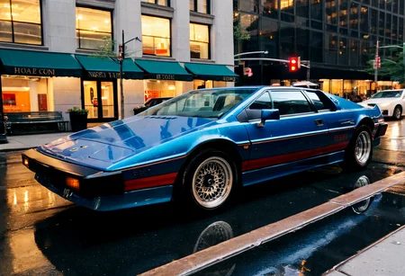 gleaming wet blue Lotus Esprit, side view, wet New York avenue reflections, bright headlights, sunset, Manhattan skyscrapers background, 4K, highly detailed, ((grainy 35mm photo))