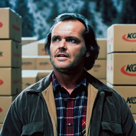 UHD, 4k, ultra detailed, cinematic, a photograph of <lora:perfection style:0.5> <lora:detailed:0.5> perfection detailed
<lora:The Shining film style:0.9>
<lora:1980's style:0.4>
Jack Torrance In the 1980's in the Colorado Rocky Mountains a man standing in front of a stack of boxes looking at something,solo,shirt,black hair,1boy,jacket,upper body,male focus,collared shirt,plaid,black shirt,facial hair,bottle,red shirt,realistic,mustache,stubble,shop , cinematic, film, kodak, The Shining film style, epic, beautiful lighting, inpsiring