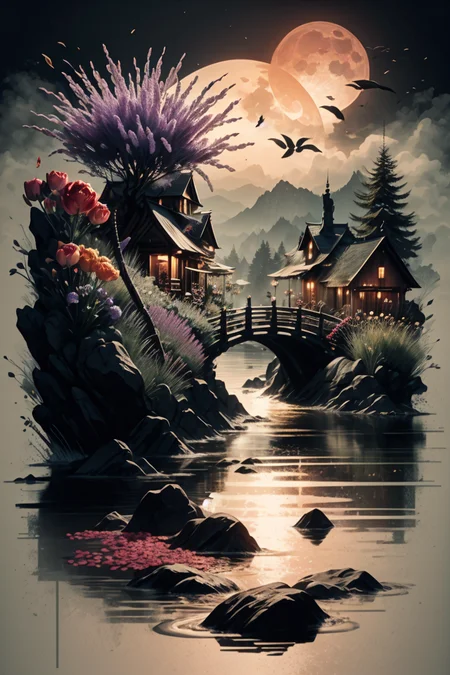 <lora:Calligraphy-ink-style-darquelilly-v1:1> calligraphyinkstyle, different flowers and gemstones, lavender, dahlia, tulips, mimosas, roses and poppies, harmonic fusion, volumetric lighting, night time, moonlight reflects in the water, black background, <lora:Crystals:0.5> crystalz