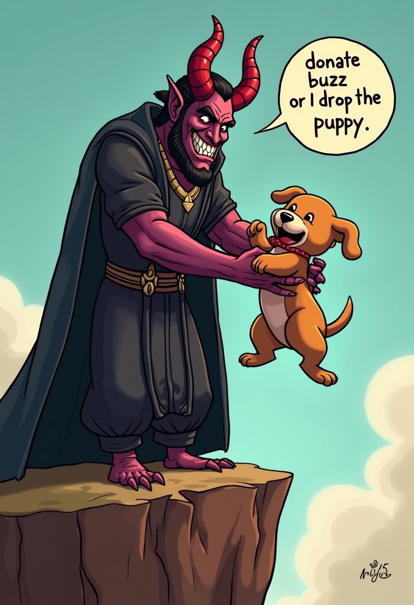 niji5, 
A evil demon lord holding a cute puppy over a cliff.  He has the puppy grabbed by the neck. He has a speech bubble that reads "donate buzz or I drop the puppy"
