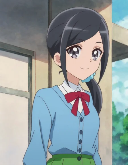 score_9, score_8_up, score_7_up, anime screencap, solo,1girl,sawaizumichiyu, green skirt, shirt, bowtie, white shirt, red bowtie, school uniform, blue cardigan, red bow, smile, blue scrunchie, looking at viewer, hair ornament, cardigan, ribbon, cowboy shot,medium breasts,from behind<lora:sawaizumichiyu:0.8>