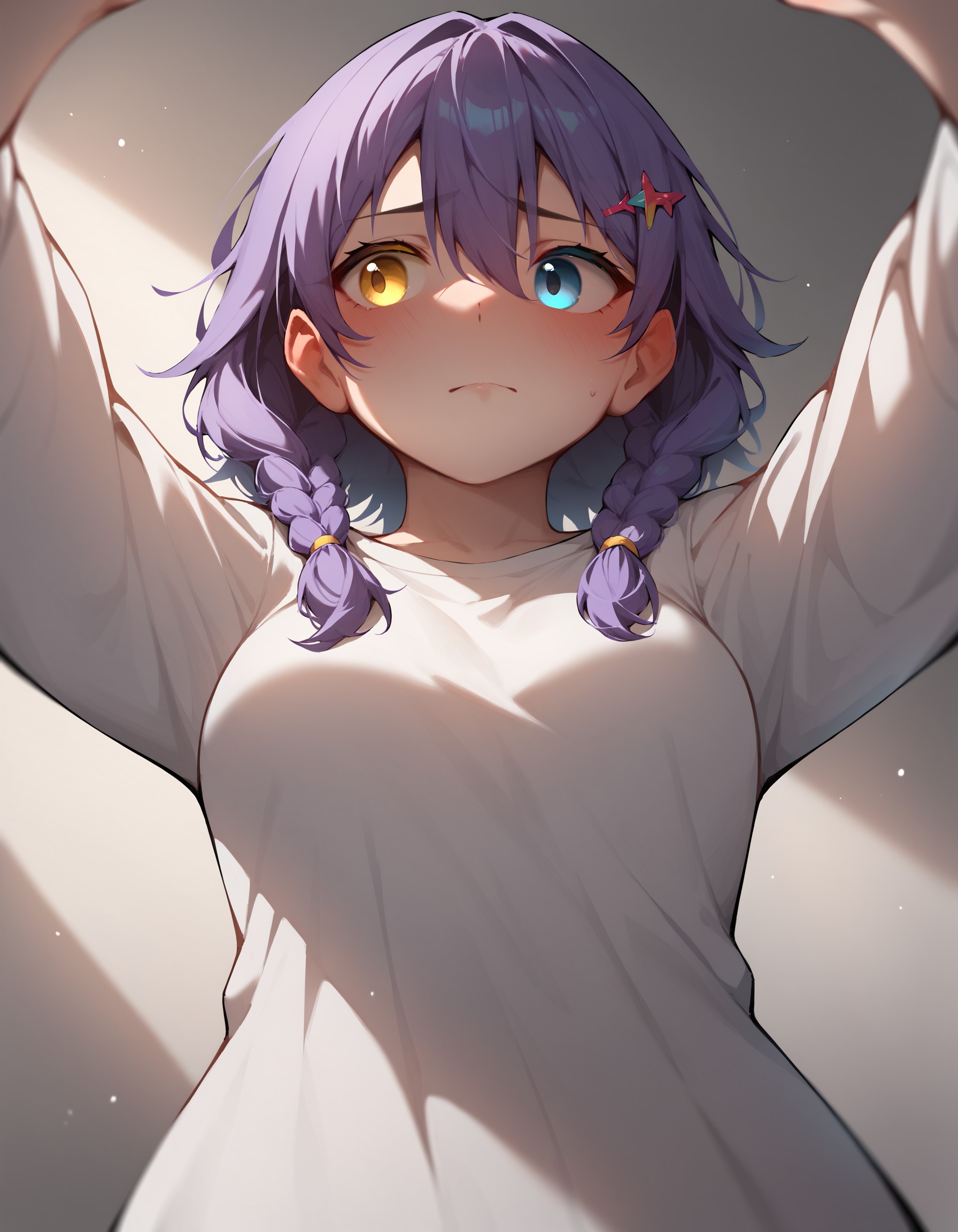 score_9, score_8_up, score_7_up, 1girl, solo focus, purple hair, looking to the side, blue eyes, yellow eyes, heterochromia, medium hair, medium breasts, hairclip, bangs, hair between eyes, braids, (from below:1.1), pov, kabedon, arms up, <lora:KabesubpovPonyXL:0.8>, blush, embarrassed