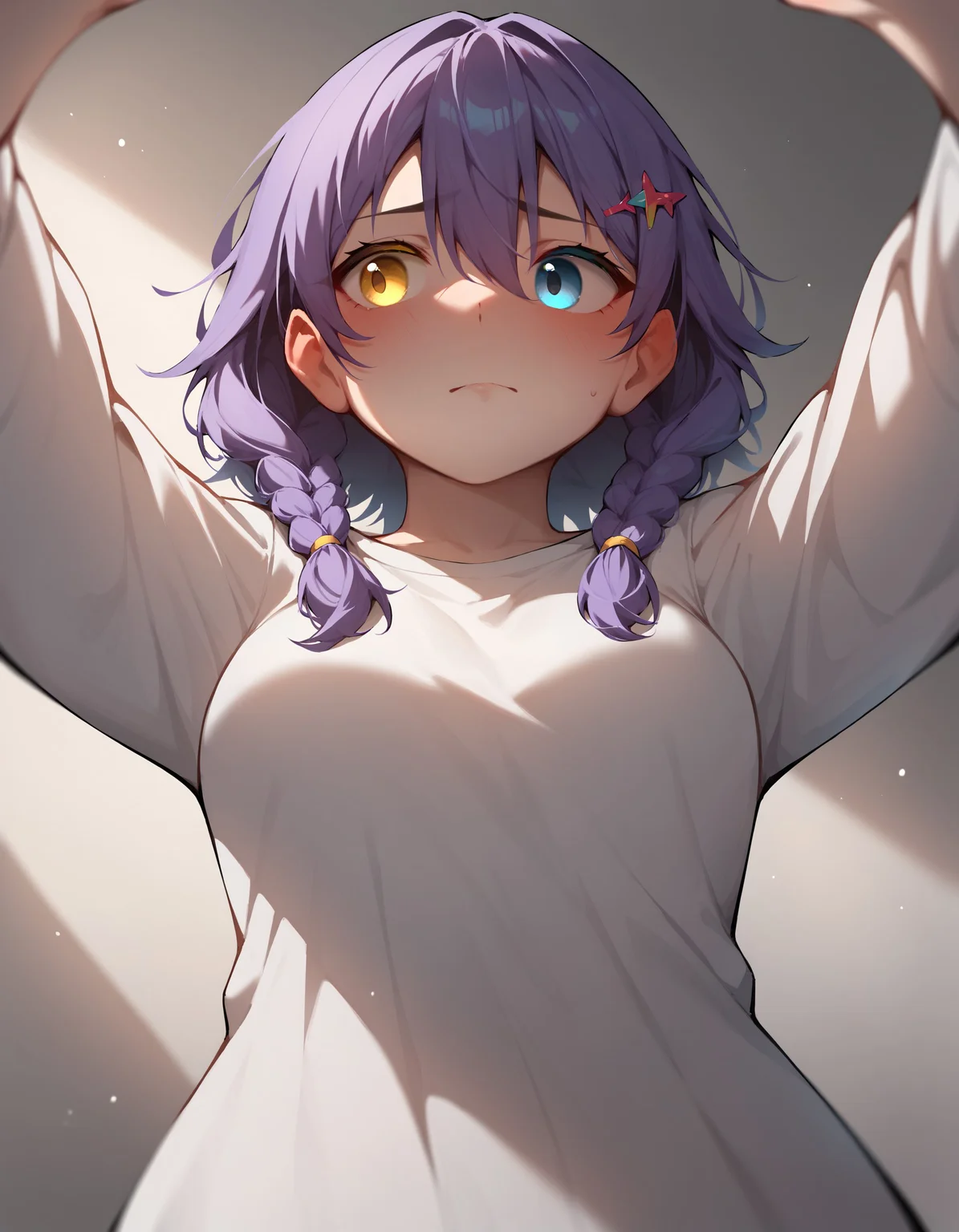 score_9, score_8_up, score_7_up, 1girl, solo focus, purple hair, looking to the side, blue eyes, yellow eyes, heterochromia, medium hair, medium breasts, hairclip, bangs, hair between eyes, braids, (from below:1.1), pov, kabedon, arms up, <lora:KabesubpovPonyXL:0.8>, blush, embarrassed