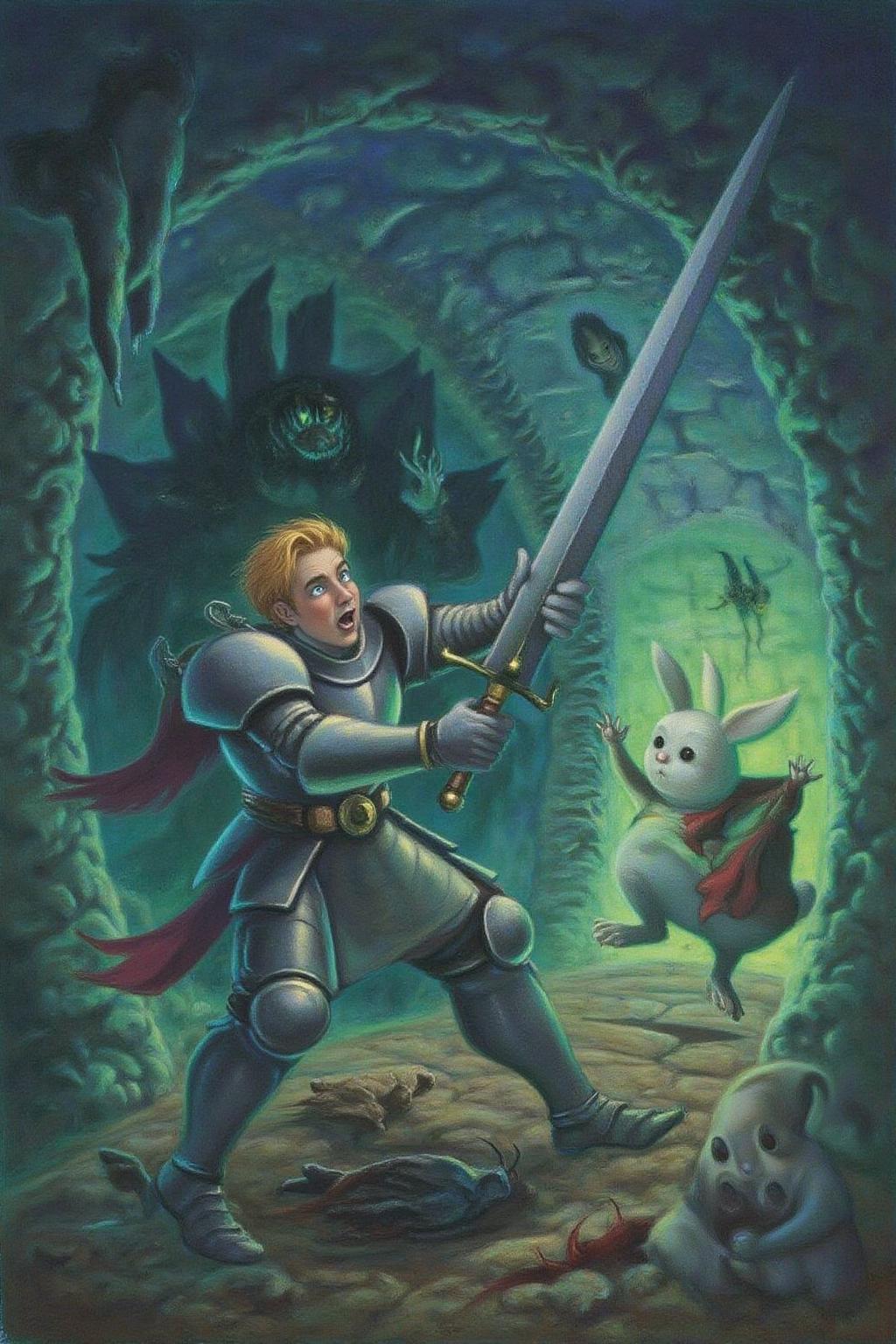 magr1 illlustration.
A blonde knight fighting a small white rabbit.
The blonde knight, adorned with shining armor and a frightened expression, holds a large sword. 
Background is an ominous cave, with stalactites hanging from the ceiling and a faint, eerie glow emanating from within.  <lora:magr1_cap_d6a3e12:1.0><lora:828072362126714593:0>