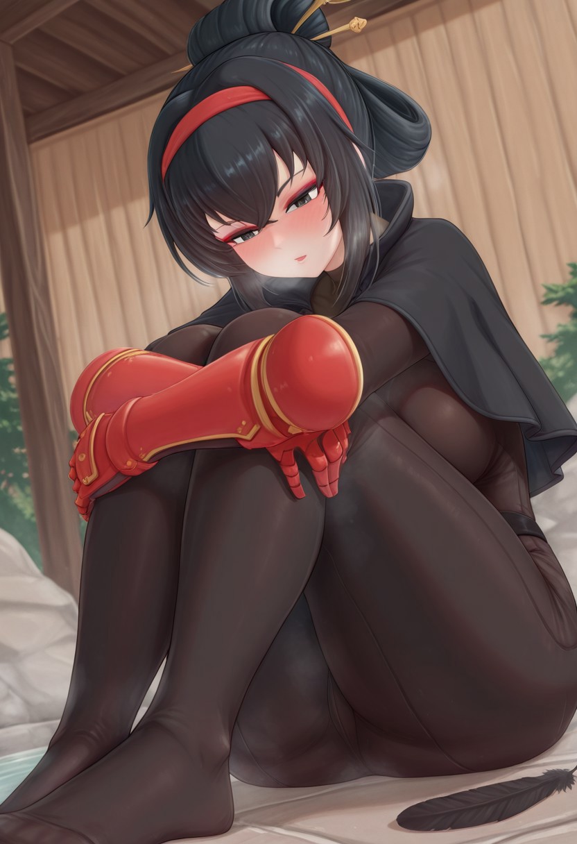 creamcod,  outdoors, undershirt, falling feathers, black bodysuit, hair stick, hugging knees, knees to chest, gauntlets, eyeshadow, red gloves, two sides up, black capelet, red hairband, black eyes, 1girl, solo, feet, visible breath, dynamic angle, foreshortening, smell, steam, onsen, water