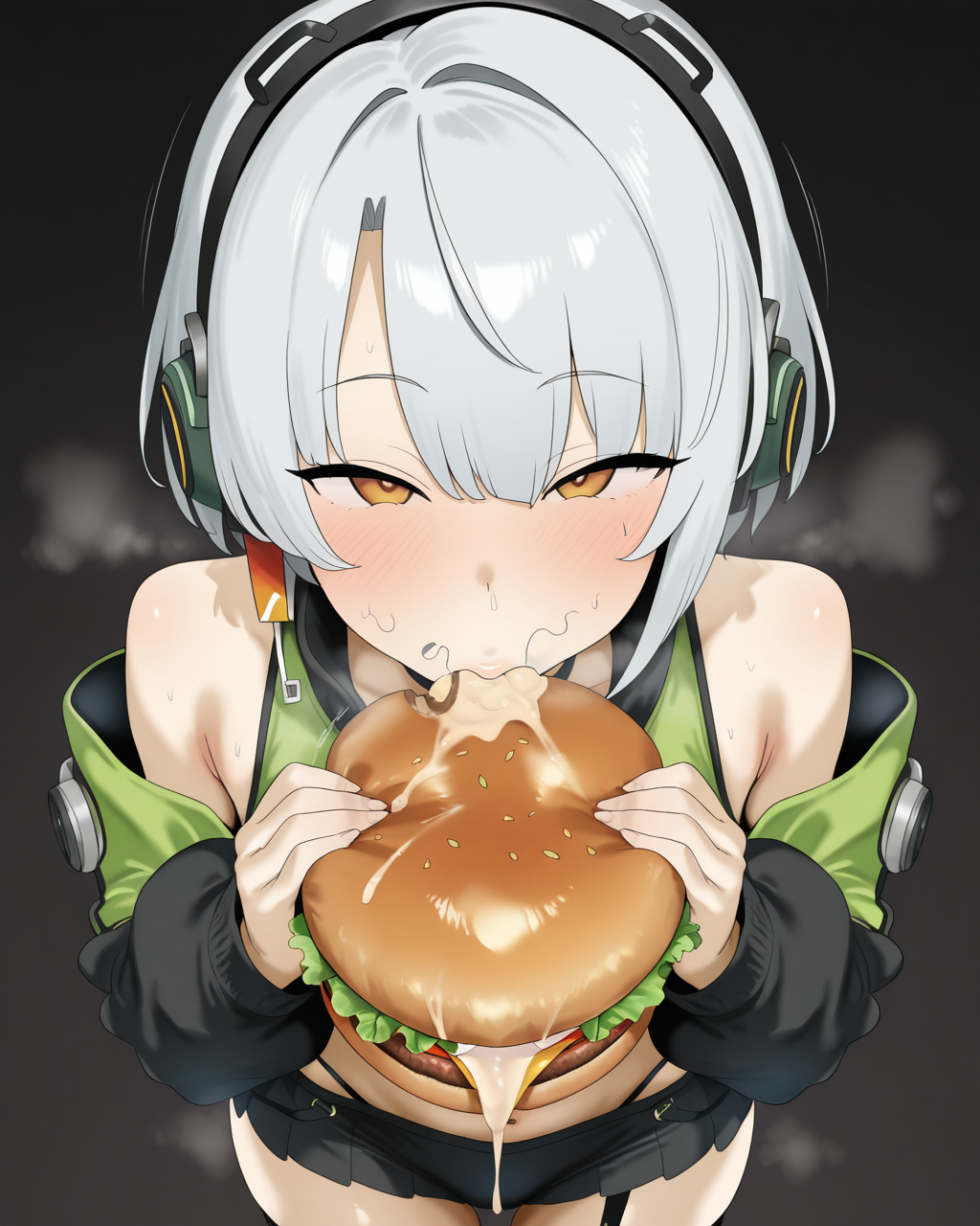 1girl, solo, anby demara, headphones, grey hair, short hair, hair between eyes, orange eyes, black choker, holding food, burger, cum on food, eating, (stray pubic hair:1.1), daroon5, motion lines, steam, steaming body, smell, looking at viewer, cowboy shot, simple background, black background, masterpiece, best quality, very aesthetic, absurdres