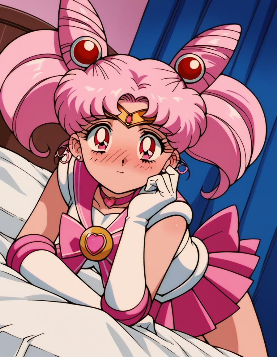 score_9, score_8_up, score_7_up, source_anime, <lora:chibiusa-tsukino-s3-ponyxl-lora-nochekaiser:1>, chibiusa, cone hair bun, double bun, hair bun, hair ornament, pink eyes, pink hair, short hair, twintails, circlet, parted bangs,, bow, brooch, choker, earrings, elbow gloves, gloves, heart, heart brooch, magical girl, pink bow, pink choker, pink sailor collar, pink skirt, pleated skirt, sailor collar, sailor senshi uniform, skirt, stud earrings, white gloves,, indoors, bed, bed room, on side, blush, drunk, looking at viewer, solo,, cowboy shot, dutch angle