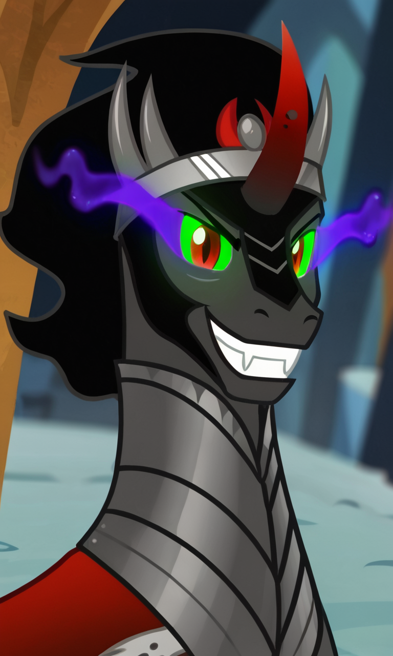 score_9, score_8_up, score_7_up, score_6_up, score_5_up, score_4_up, male, kingsombra, king sombra \(mlp\), kingsombra, king sombra \(mlp\), no humans, solo, horns, red eyes, grin, horse, smile, fusion, single horn, black hair, green eyes, pokemon, (creature), penis
