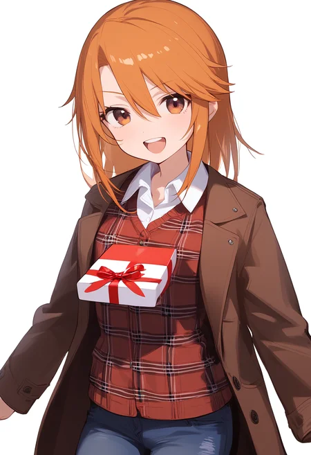 1girl,
yuuki haru,
open clothes, smile, holding, short hair, holding box, :d, standing, simple background, white background, jacket, red shirt, plaid shirt, orange hair, upper teeth only, box, collared shirt, teeth, open mouth, open jacket, pants, cowboy shot, white shirt, hair between eyes, shirt, orange eyes, holding strap, looking at viewer, denim, jeans, brown jacket, alternate costume, tomboy, holding gift, gift box, gift, plaid,
sfw
<lora:a31_char_new_yuuki_haru-000014:1> <lora:a31_style_koni-000010:0.8>
