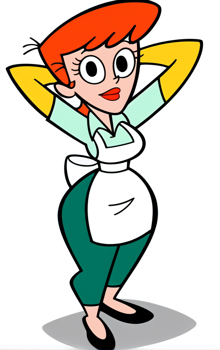 score_9, score_8_up, score_7_up, looking at viewer,  BREAK
PONYXL_STYLE_DextersLaboratory_ownwaifu,
1girl, red hair, makeup, jewelry, lipstick, red lips, black eyes, apron, yellow gloves, collared shirt, breasts, green pants, wide hips, narrow waist, short sleeves, 
(watson cross, arms behind head, full body), spotlight, shadow, simple background, shoes, from above, looking up,  <lora:PONYXL_STYLE_DextersLaboratory_ownwaifu:0.8> , depth of field, solo,