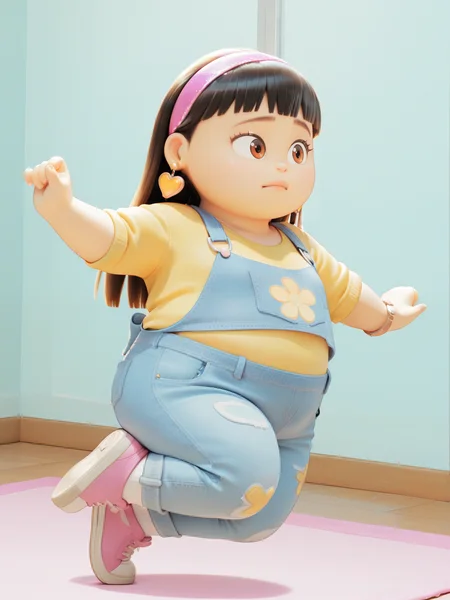 <lora:Abby_ParkIL:1> a_p, 1girl, plump, long black hair, fringe hair, brown eyes, hairband, heart earrings,
 fullbody,  jumping