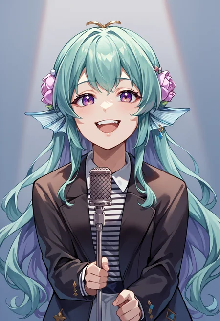 score_9, score_8_up, score_7_up, source_anime, 1girl, solo, finana1st, long hair, hair flower, IncrsNeverGonnaGiveUUp, smile, looking at viewer, open mouth, microphone stand, upper body, black jacket, striped shirt, suit, open jacket, <lora:spfinanaRyuguXLPony:1>, <lora:NeverGonnaGiveYouUp_XLPD:1.0>