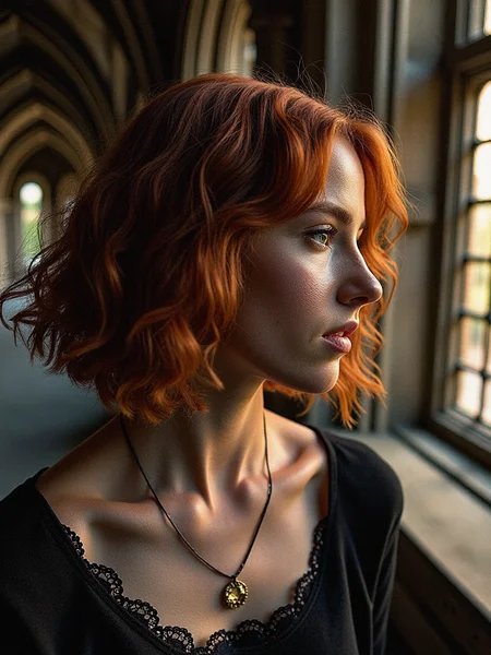 Upper body portrait of a beautiful lady with flowing auburn hair, contrasted by short, curly locks framing her face, shot from the side in the hauntingly beautiful Sedlec Ossuary, Czech Republic. The scene is captured with the rich, timeless quality of Fujifilm Neopan 100, presenting a high-quality, award-winning masterwork in stunning 4K detail. The waning light of the evening filters softly through the gothic windows, casting intricate shadows across her detailed skin and visible pores, creating a striking interplay of light and dark. Her expression is serene, almost ethereal, the warmth of the hue standing out against the cold, bone-adorned walls of the ossuary. The entire composition evokes a sense of beauty in contrast, blending the organic elegance of her appearance with the somber, historical setting, resulting in a visually captivating and emotionally resonant image, <lora:detailed_skin_portraits-000005:0.75>