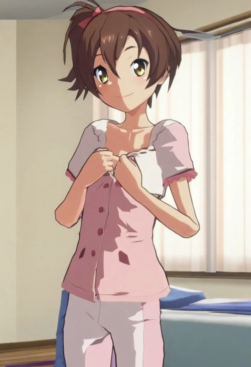 score_9, score_8_up, score_7_up, score_6_up, score_5_up, score_4_up, 3d, masterpiece, best quality
BREAK
1girl, solo, Shiraishi Nana, brown hair, yellow eyes, smiling, happy, looking at viewer, young, petite, flat chested, pink and white pajamas
BREAK
beautiful background, indoors, bedroom, day