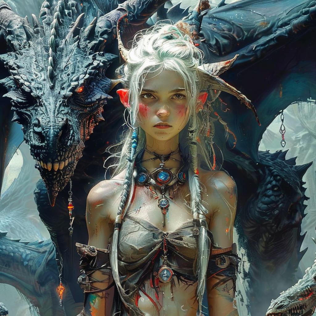 elysexa shaman girl in the background of dark dragons, very detailed <lora:elysexa:1>